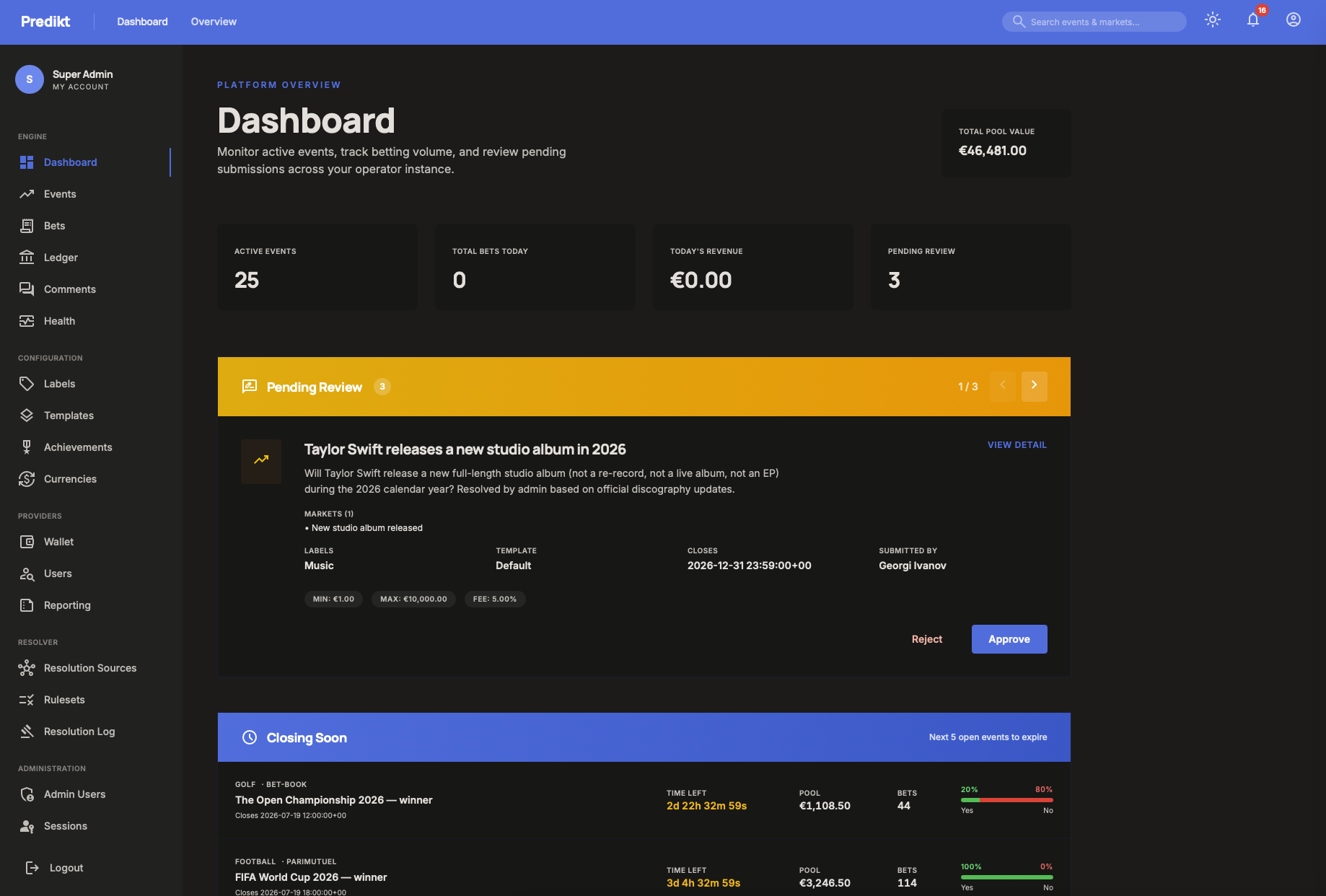Predikto backoffice dashboard — KPI tiles, a pending-review approval card and a closing-soon events list