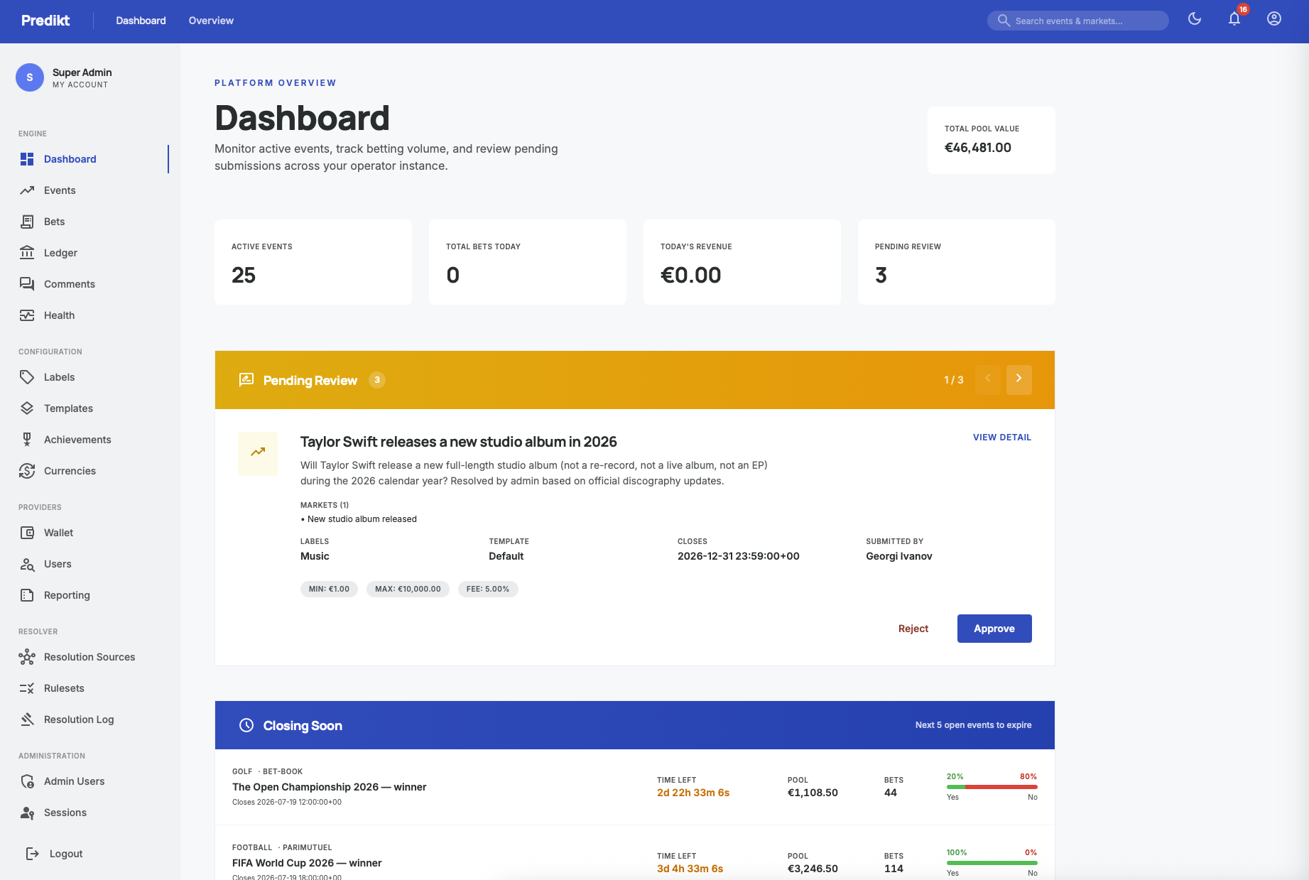 Predikto backoffice dashboard — KPI tiles, a pending-review approval card and a closing-soon events list