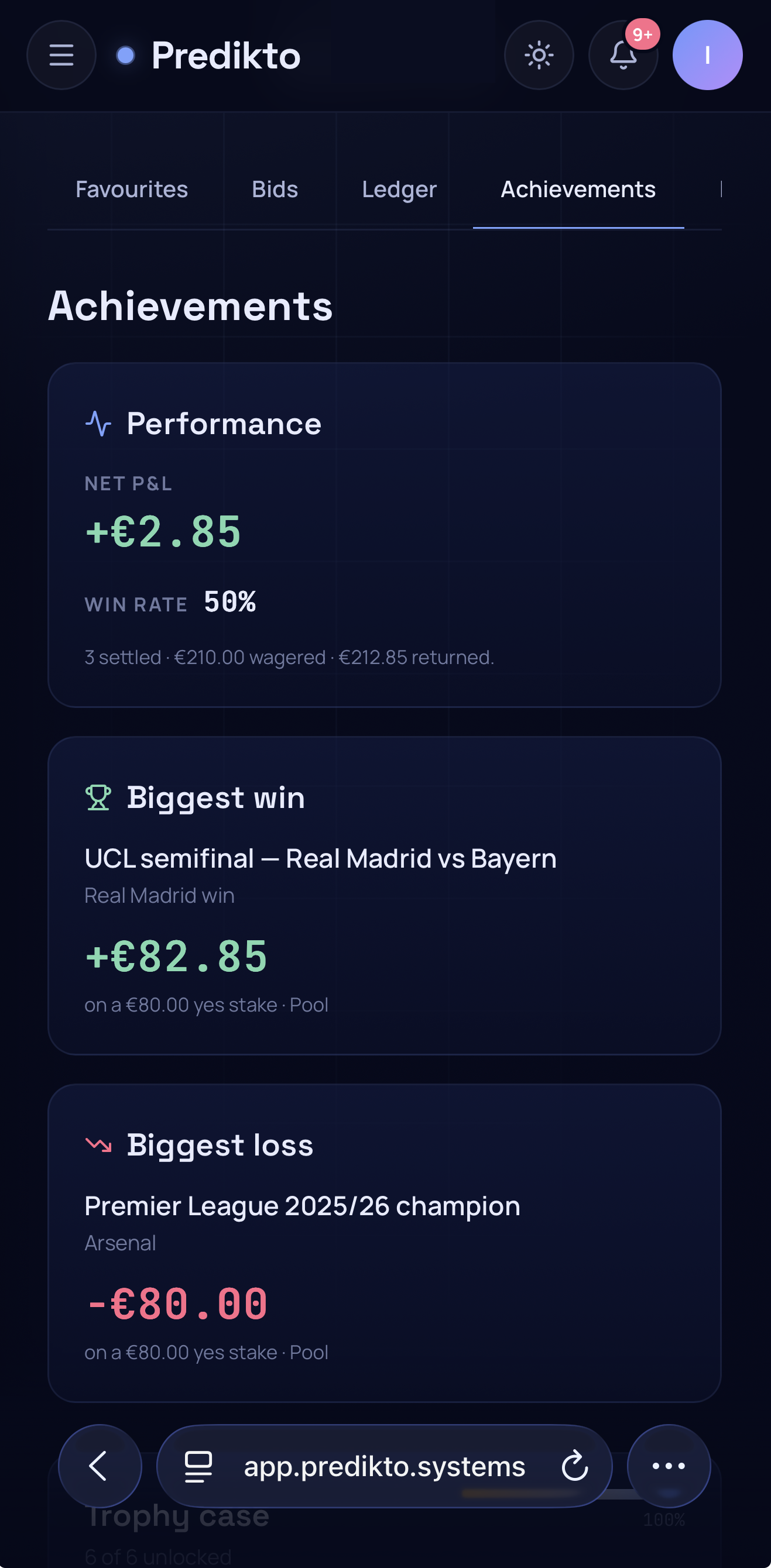 Predikto on mobile — the Football category with live event cards, each showing top outcomes, multiples and implied odds