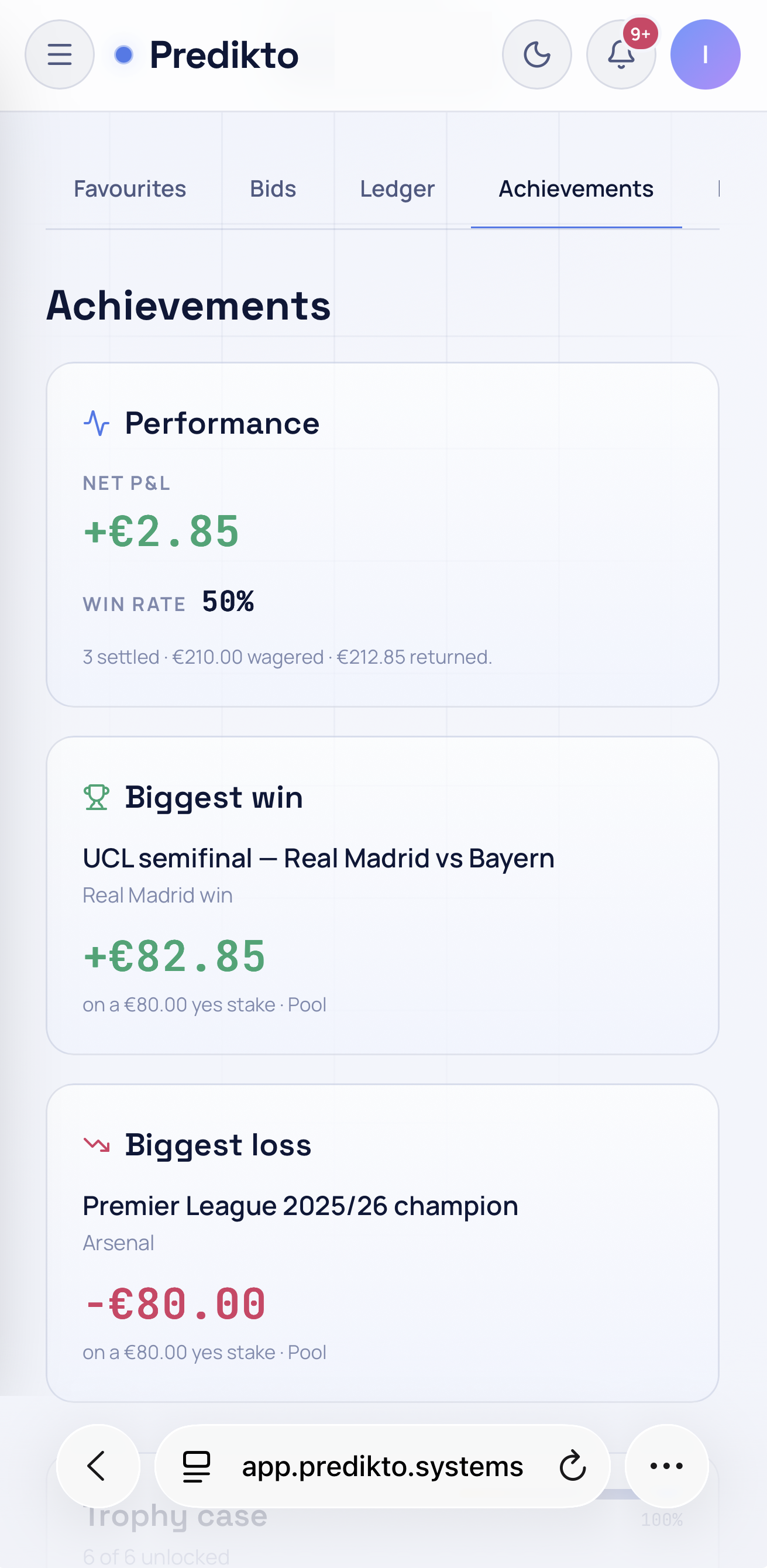 Predikto on mobile — the Football category with live event cards, each showing top outcomes, multiples and implied odds